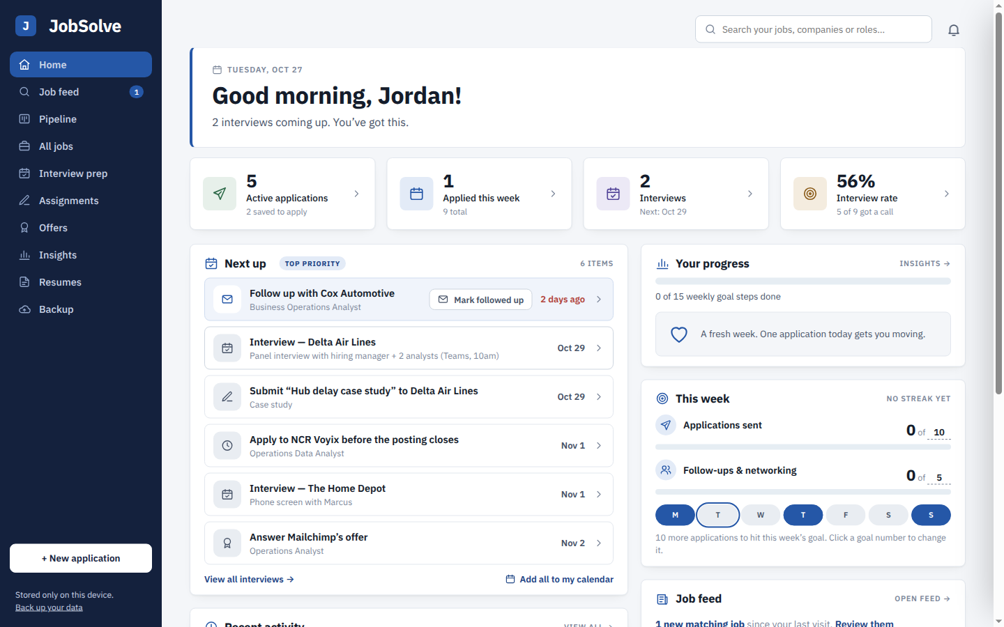 JobSolve home screen with upcoming interviews, follow-ups and weekly goals